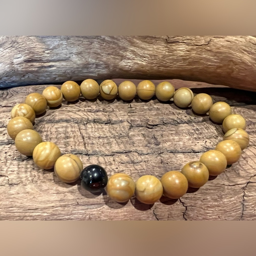 New Men Onyx & Petrified Wood Bracelet Natural Stone Beaded Stretch Brown (8mm)